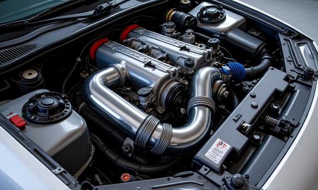 Honda Civic engine bay na may upgraded turbo at intake system, ipinapakita ang engine tuning.