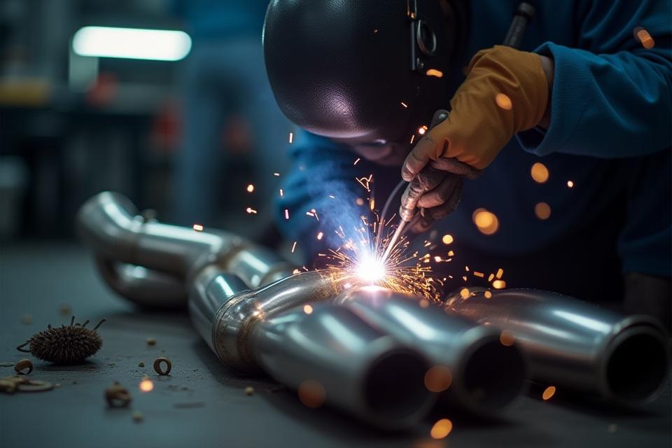 Proseso ng paggawa ng customized exhaust system, na nagpapakita ng welding at metal fabrication