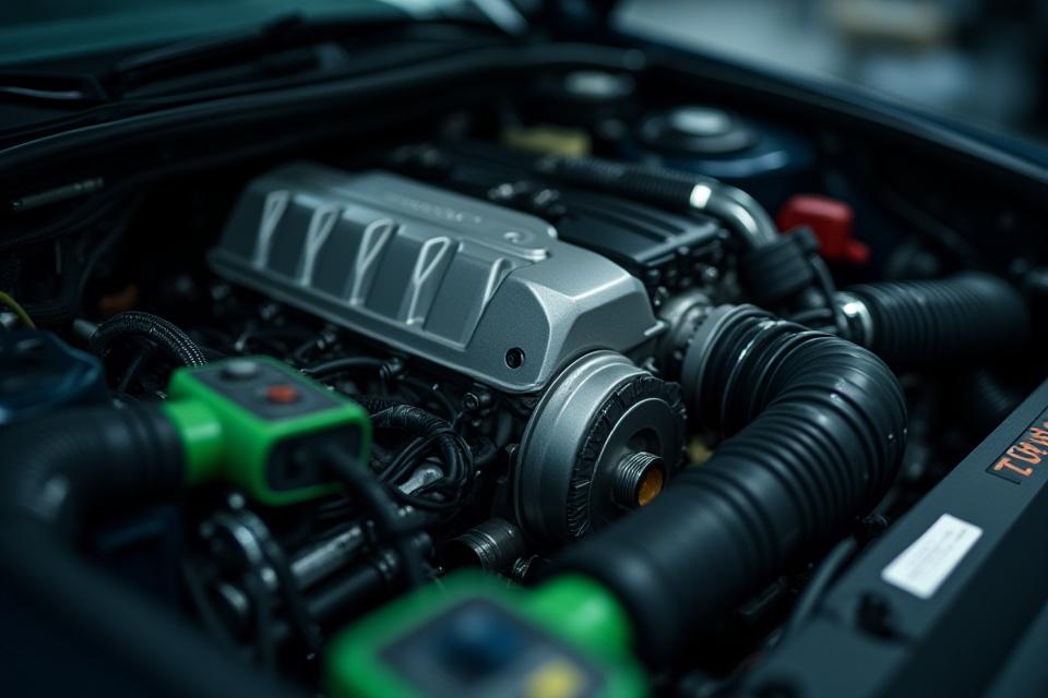 Isang close-up ng isang engine na may mga sensor at wires, nagpapahiwatig ng tuning