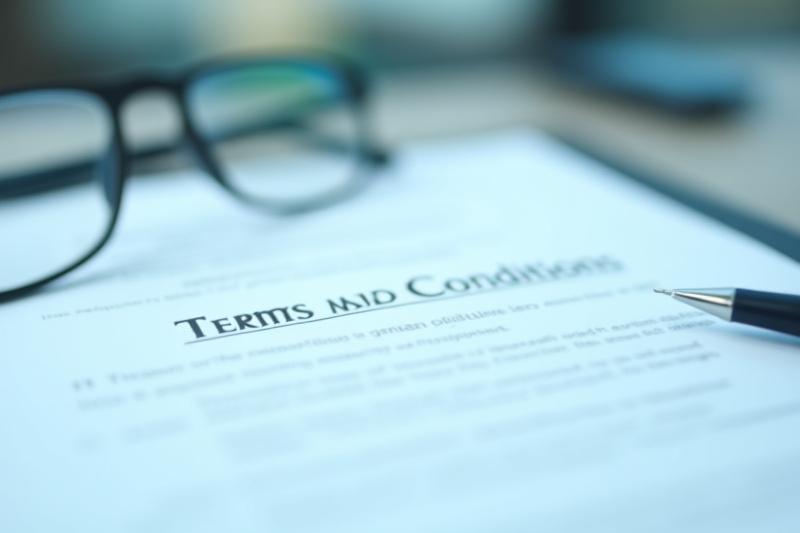 Legal agreement document with a pen and glasses, representing terms and conditions.